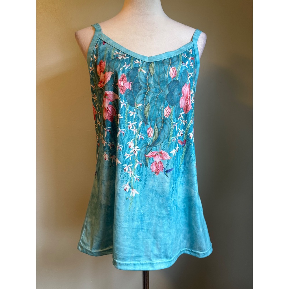 Tropical Floral Hummingbird Tank Top Turquoise Pink boho whimsi fairy cottage XL
